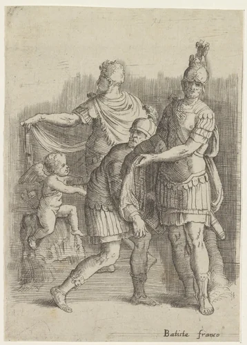 Drie soldaten en een putto by Unknown, print, 1520-1561