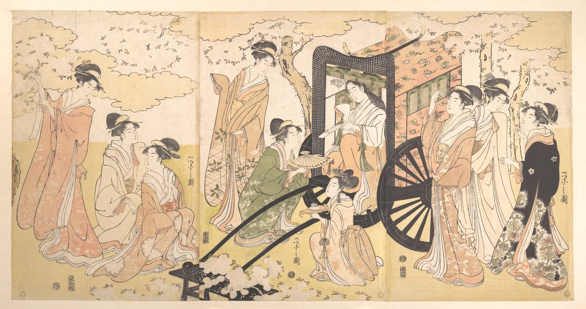A Cherry-Viewing Excursion by a Noble Lady and Attendants by Chōbunsai Eishi (鳥文斎栄之), print, 1787-1807