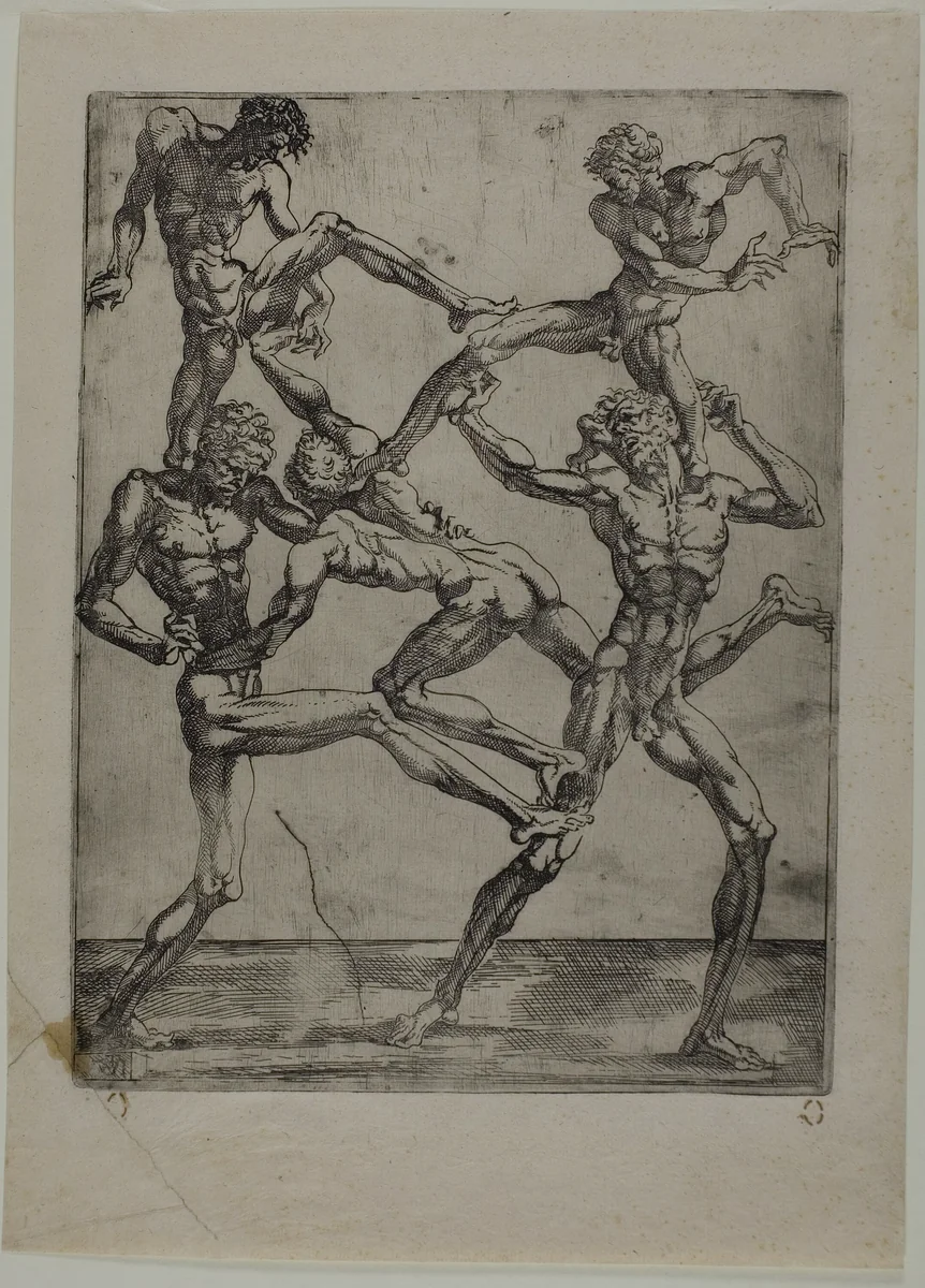 Pyramid of Five Men by Juste de Juste, print, 1535-1545