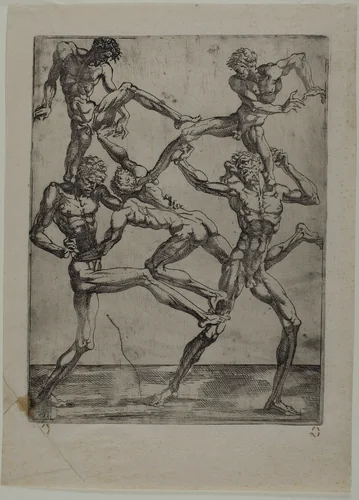 Pyramid of Five Men by Juste de Juste, print, 1535-1545