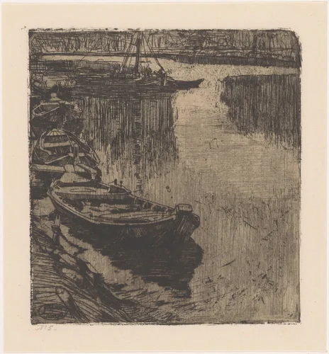 Afgemeerde roeiboten by Pieter Dupont, print, 1895