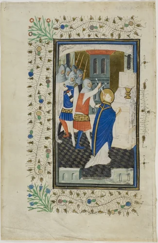 The Murder of Thomas Becket, page one, from a Book of Hours by Nicolas Brouwer, painting, 1430-1440
