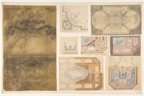 Eight designs for a ceiling by Jules-Edmond-Charles Lachaise, drawing, 1850-1900