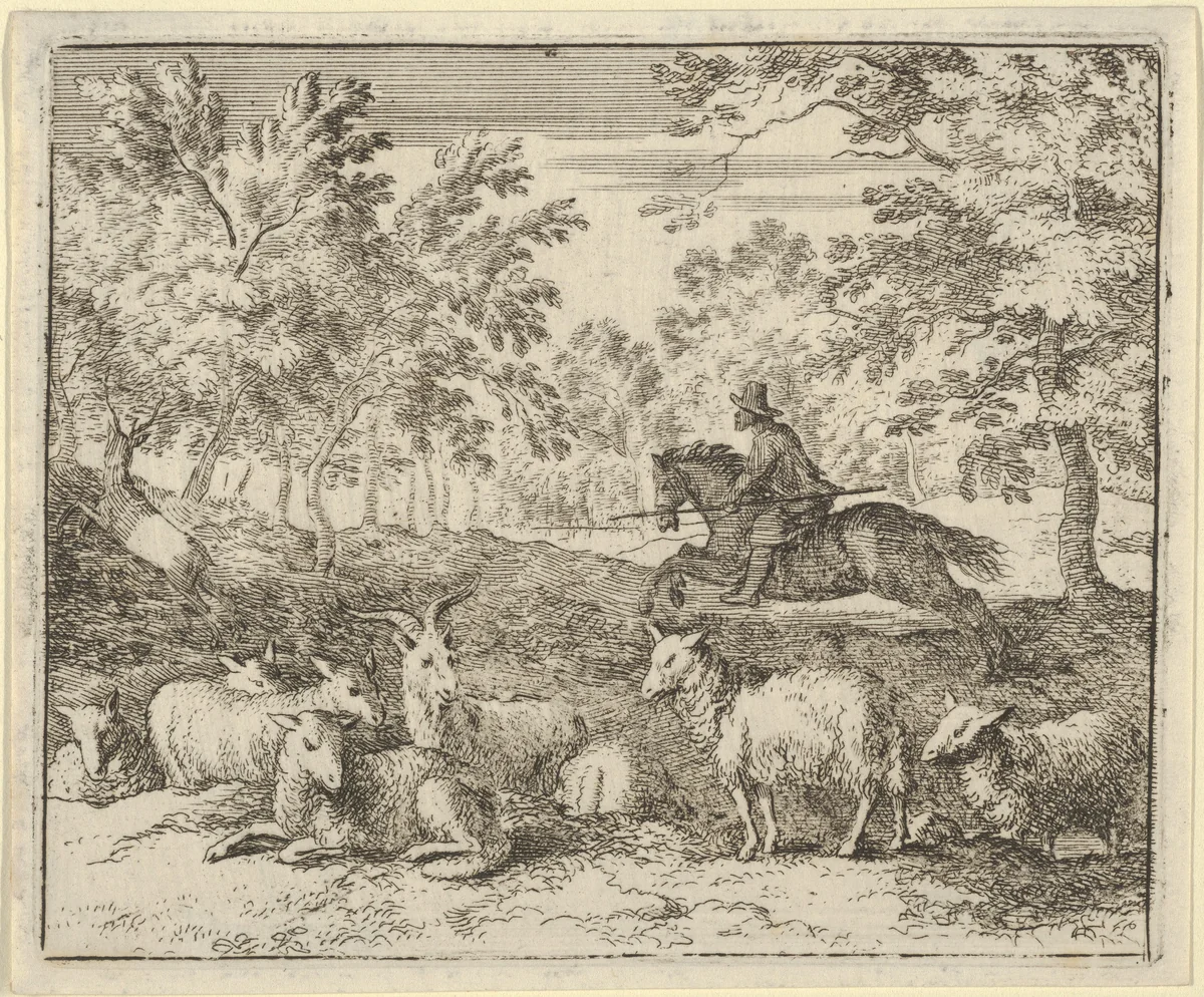The Shepherd on Horseback Chases the Stag from Hendrick van Alcmar's Renard The Fox by Allart van Everdingen, print, 1650-1675