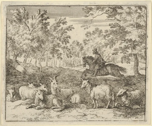The Shepherd on Horseback Chases the Stag from Hendrick van Alcmar's Renard The Fox by Allart van Everdingen, print, 1650-1675