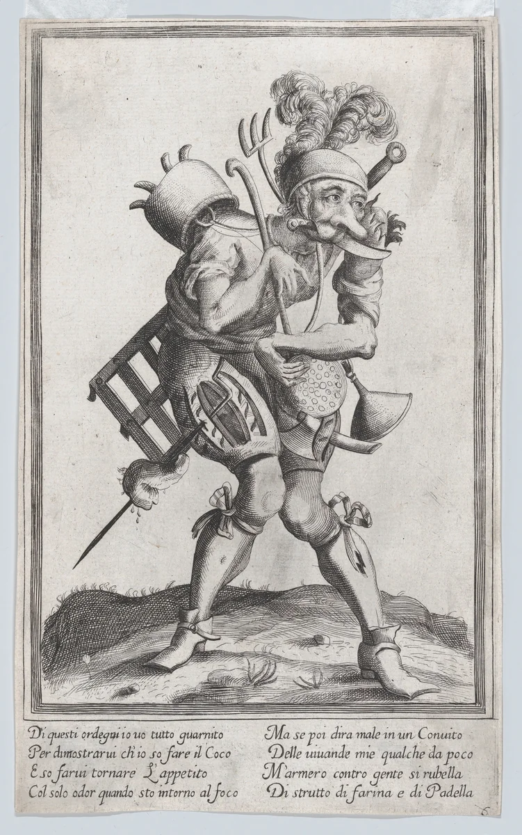 A caricature figure representing a cook loaded with various implements and a knife in his mouth by anonymous, print, 1635-1645