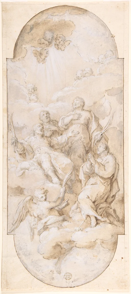 Apotheosis of Four Martyred Saints (Four Crowned Martyrs?) by Antonio Cavallucci, drawing, 1600-1700
