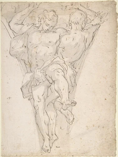 Two Partially Draped Male Figures in a Pendentive by Giovanni Battista Carlone, drawing, 1603-1684