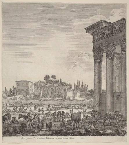 Temple of Antonius and the Campo Vaccino by Stefano della Bella, print, 1656