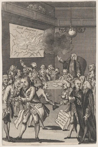 The Council of Rulers & the Elders Against the Tribe of ye Americanites by anonymous, print, 1775