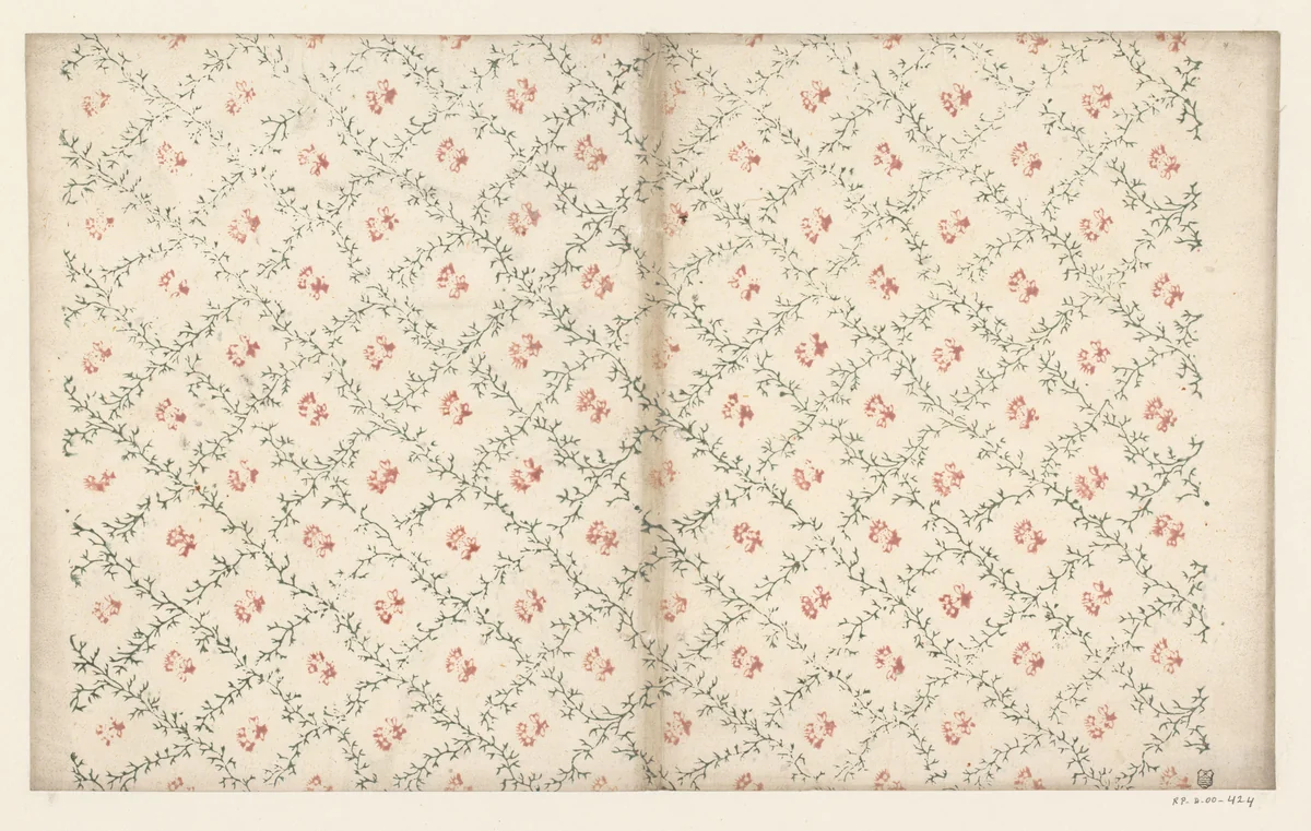 Blad met ruitpatroon van takjes met bloem als veldvulling by anonymous, other, 1700-1850