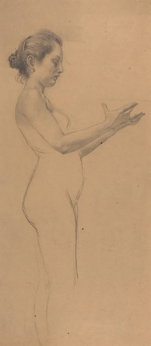Female Nude with a Platter by Karel Vitezslav Masek, drawing, 1898
