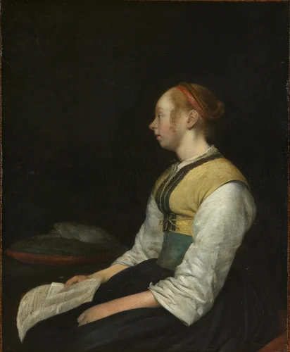 Vrouw in boerenkostuum by Gerard ter Borch, painting, 1650-1660