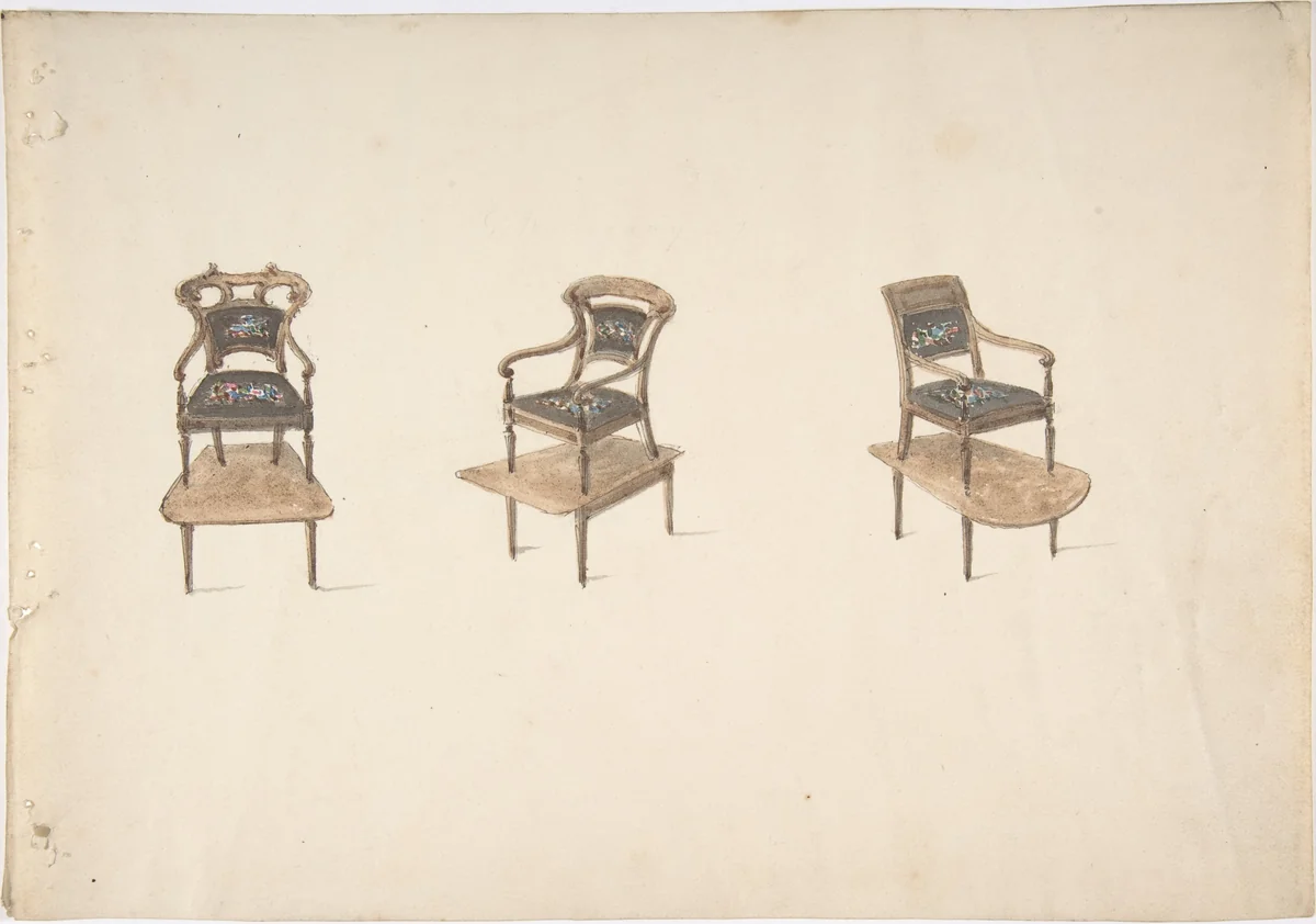 Design for Three Small Elevated Armchairs by anonymous, drawing, 1800-1850