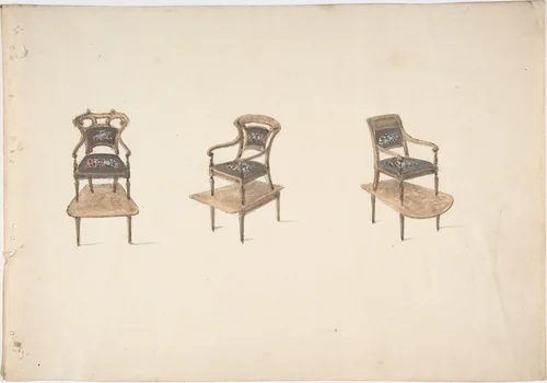 Design for Three Small Elevated Armchairs by anonymous, drawing, 1800-1850