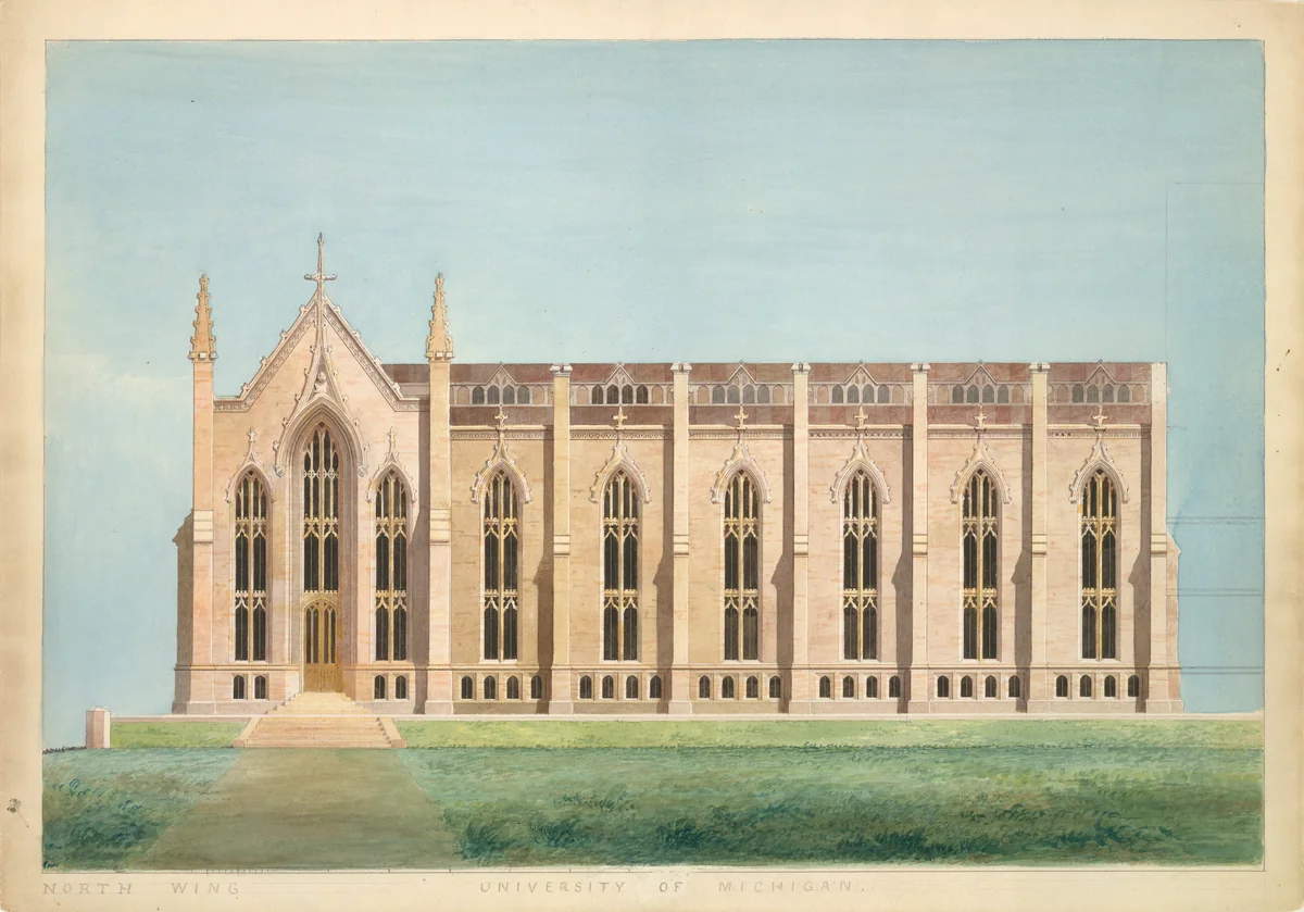Design for the North Wing of the Library and Chapel Building at the University of Michigan, Ann Arbor by Alexander Jackson Davis, drawing, 1838-1839