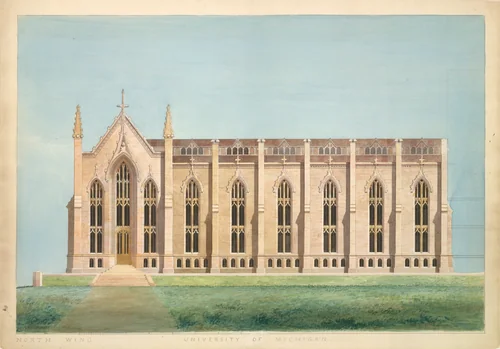 Design for the North Wing of the Library and Chapel Building at the University of Michigan, Ann Arbor by Alexander Jackson Davis, drawing, 1838-1839