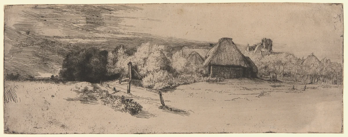 Landscape with a Farm Building and the "House with the Tower" by Rembrandt van Rijn, print, 1645-1655