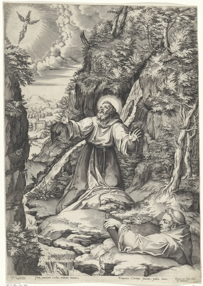 Franciscus van Assisi ontvangt de stigmata by Unknown, print, 1566-1572