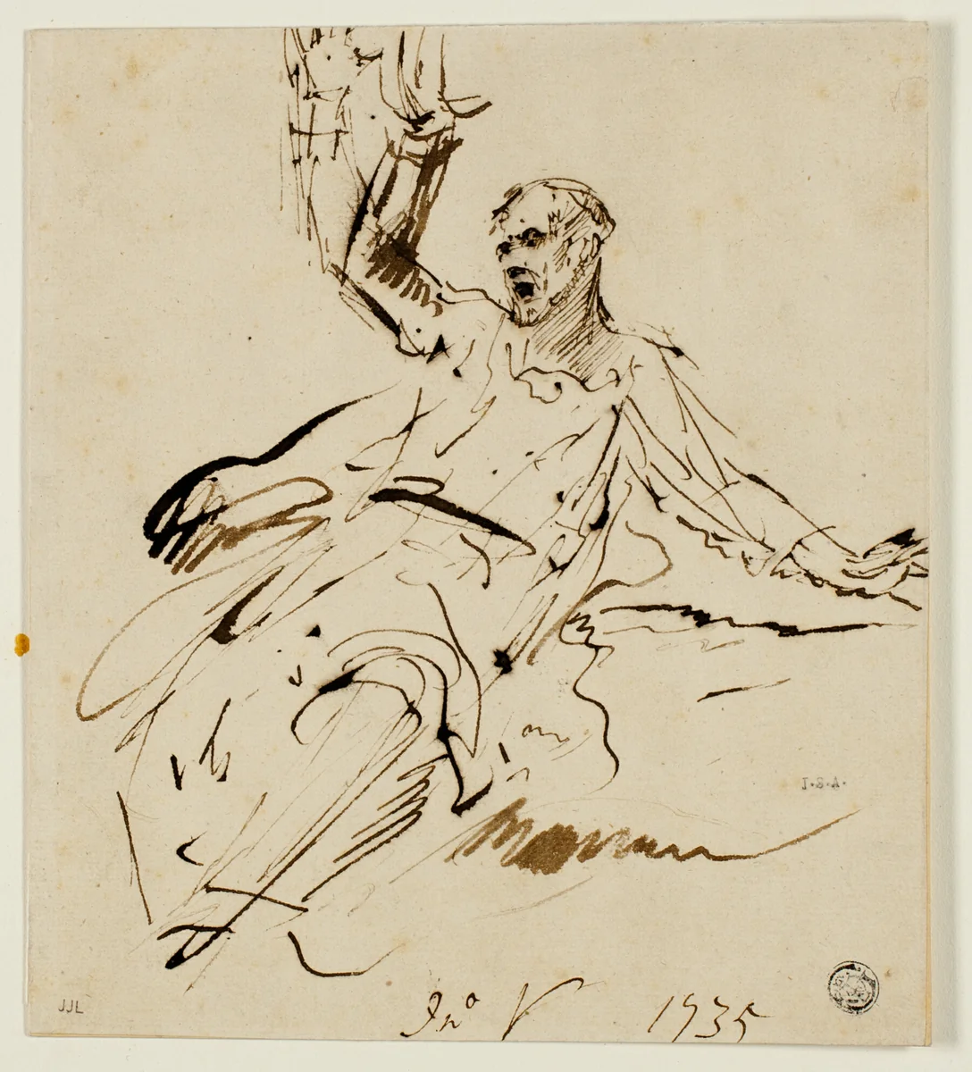 Seated Male Figure with Raised Arm by John Vanderbank, drawing, 1735-1739