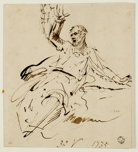 Seated Male Figure with Raised Arm by John Vanderbank, drawing, 1735-1739