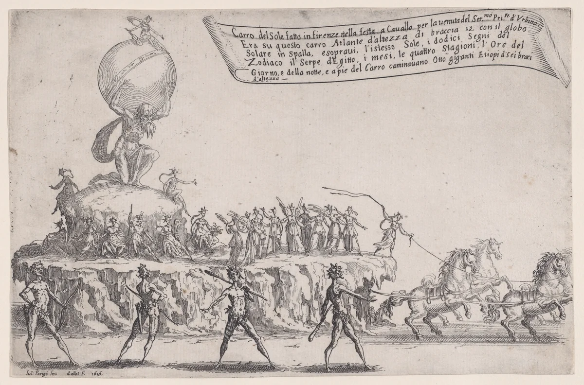 Le Char du Soleil (The Chariot of Sun), from "Guerre de Beauté" (Guerra di Bellezza) (War of Beauty) by Jacques Callot, print, 1616