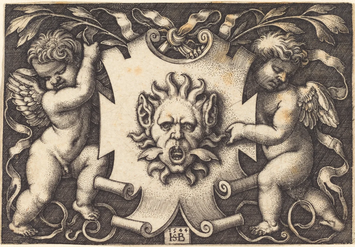 Mask Held by Two Genii by Sebald Beham, print, 1544