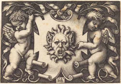 Mask Held by Two Genii by Sebald Beham, print, 1544