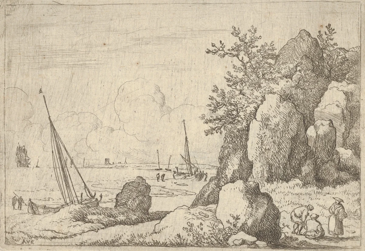 Sea Piece with Three Figures to the Right by Allart van Everdingen, print, 1621-1675