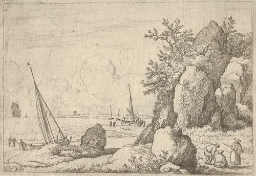 Sea Piece with Three Figures to the Right by Allart van Everdingen, print, 1621-1675
