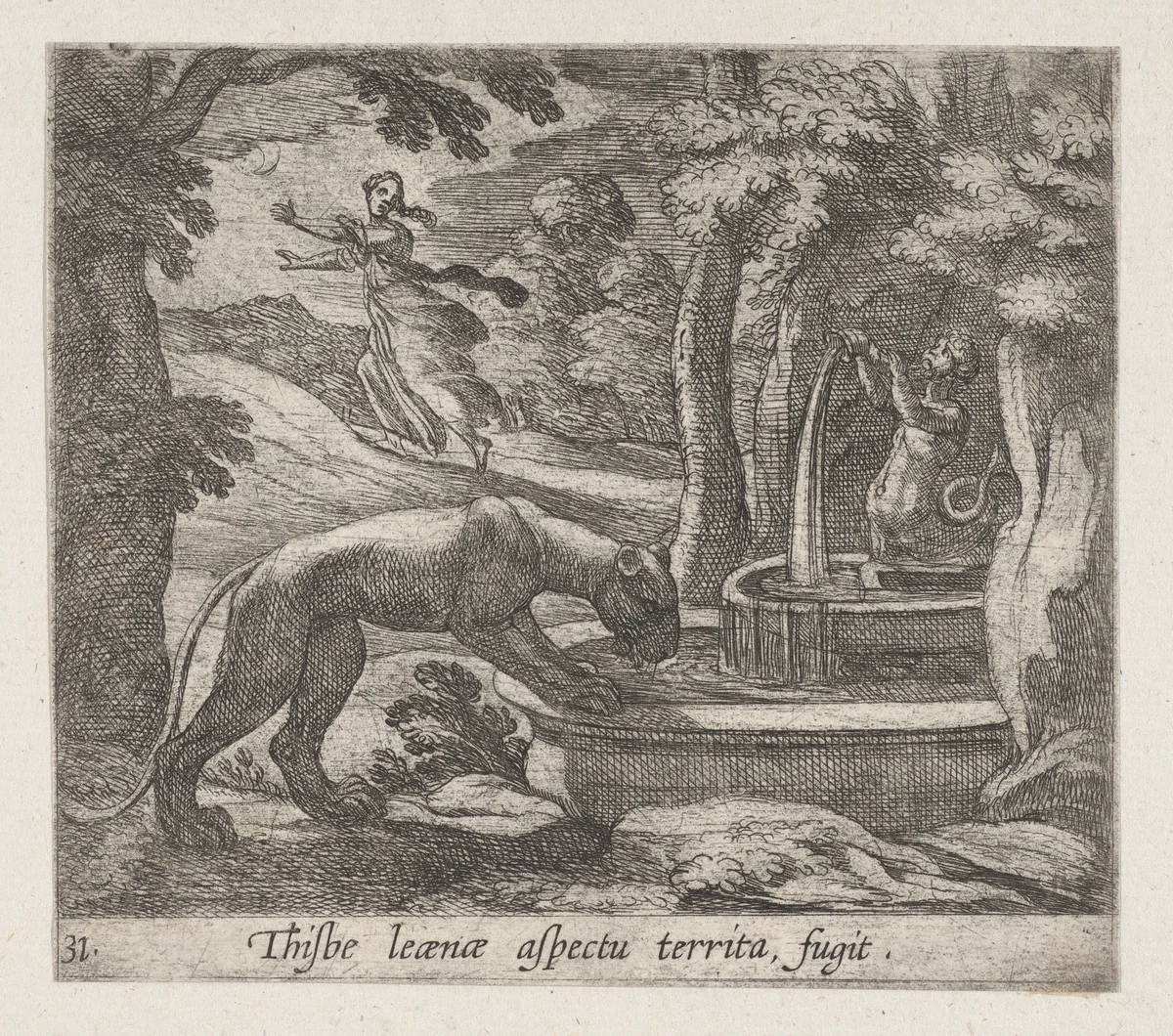 Plate 31: Thisbe Running from the Lionness at the Well (Thisbe leaenae spectu territa fugit), from Ovid's 'Metamorphoses' by Antonio Tempesta, print, 1606