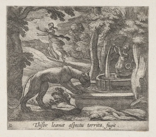 Plate 31: Thisbe Running from the Lionness at the Well (Thisbe leaenae spectu territa fugit), from Ovid's 'Metamorphoses' by Antonio Tempesta, print, 1606