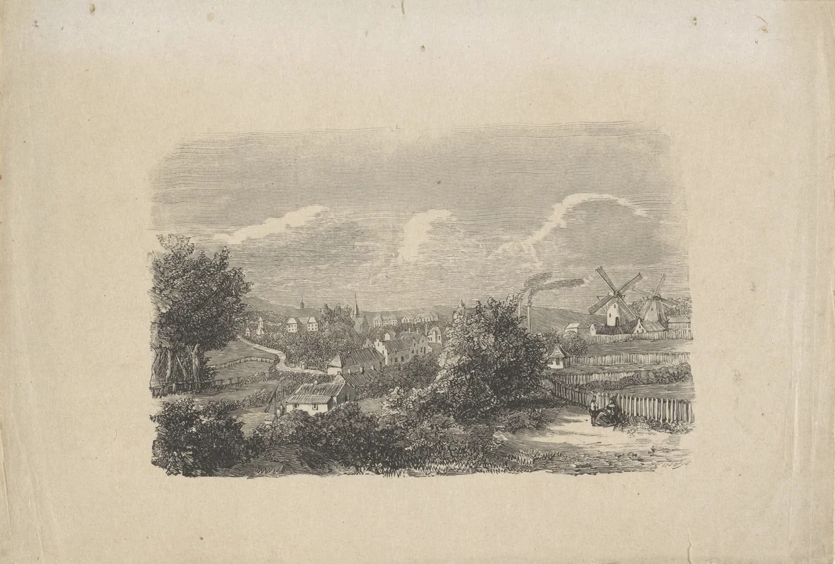 Landschap met een dorp en twee molens by Isaac Weissenbruch, print, 1836-1912