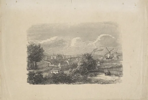Landschap met een dorp en twee molens by Isaac Weissenbruch, print, 1836-1912