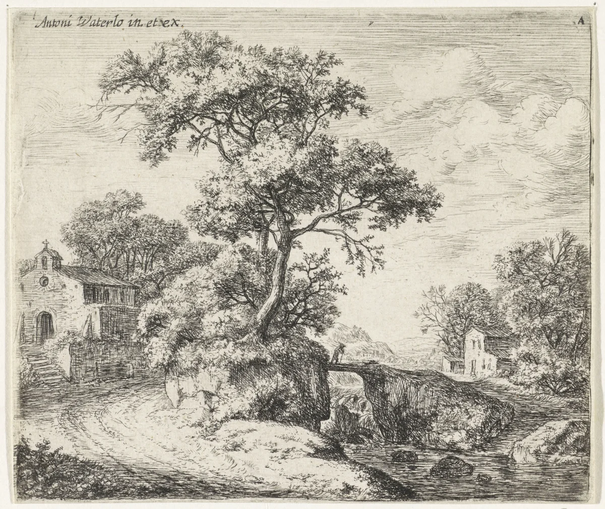 Landschap met een kapel by Anthonie Waterloo, print, 1630-1663