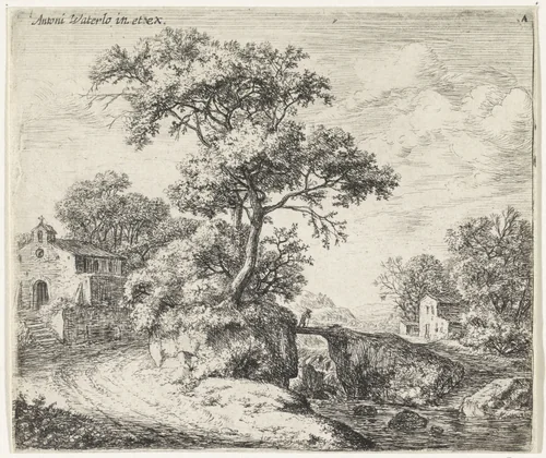 Landschap met een kapel by Anthonie Waterloo, print, 1630-1663