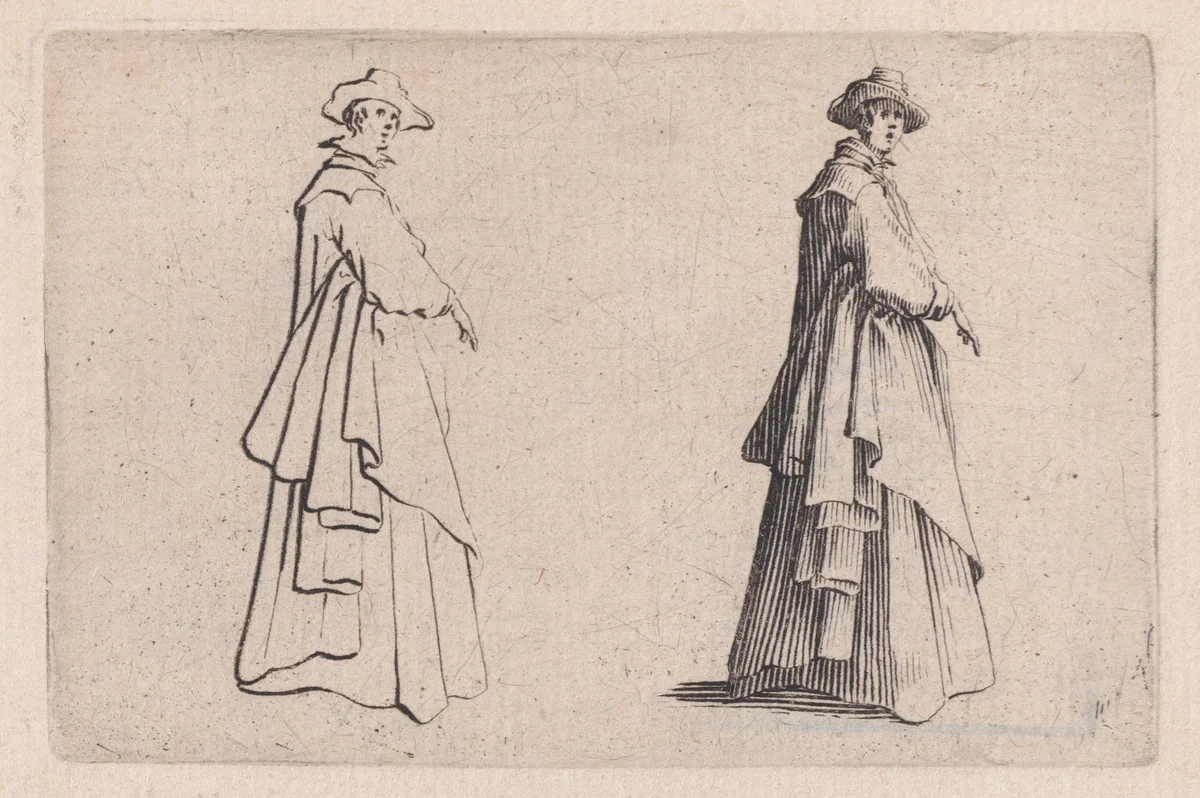La Dame au Vêtement Ample (The Woman with Ample Clothing), from "Les Caprices" Series B, The Nancy Set by Jacques Callot, print, 1617-1620