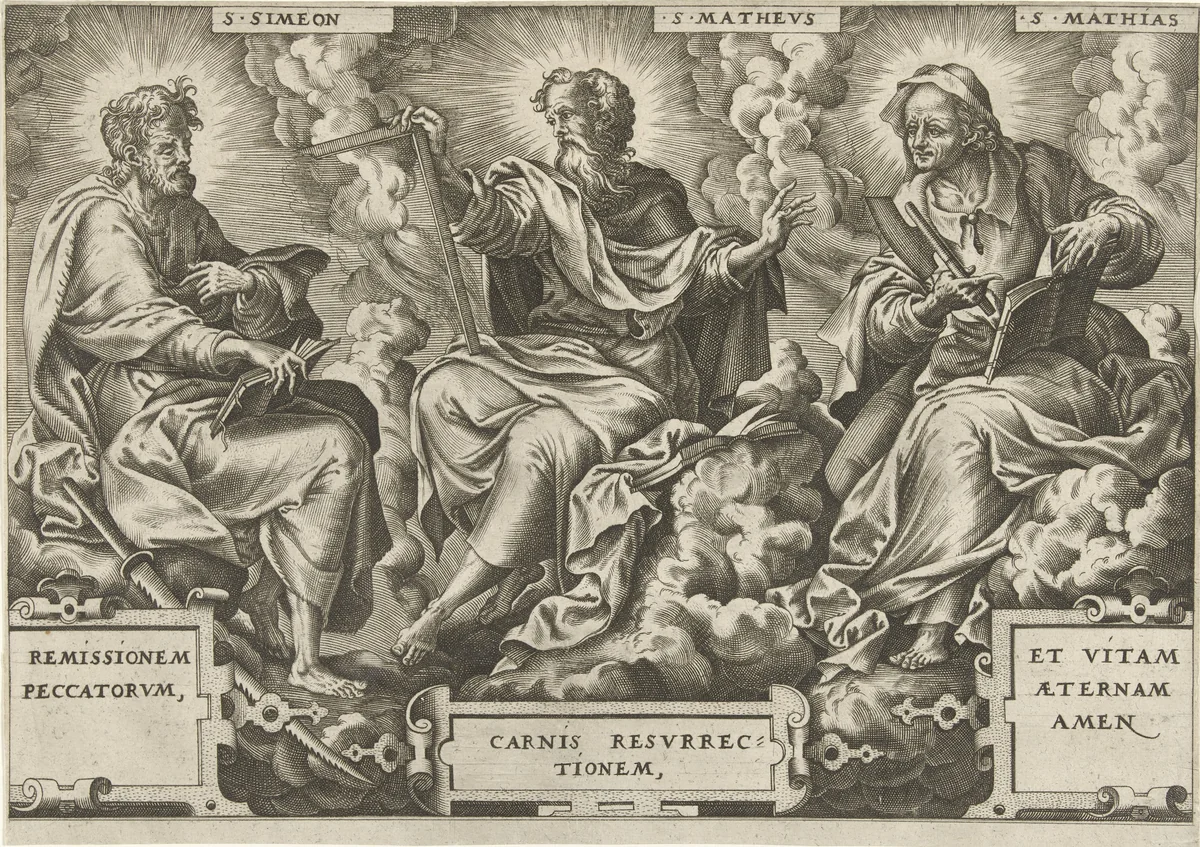 Drie apostelen Simon Zelotes, Matteüs en Mattias by Pieter van der Heyden, print, 1568