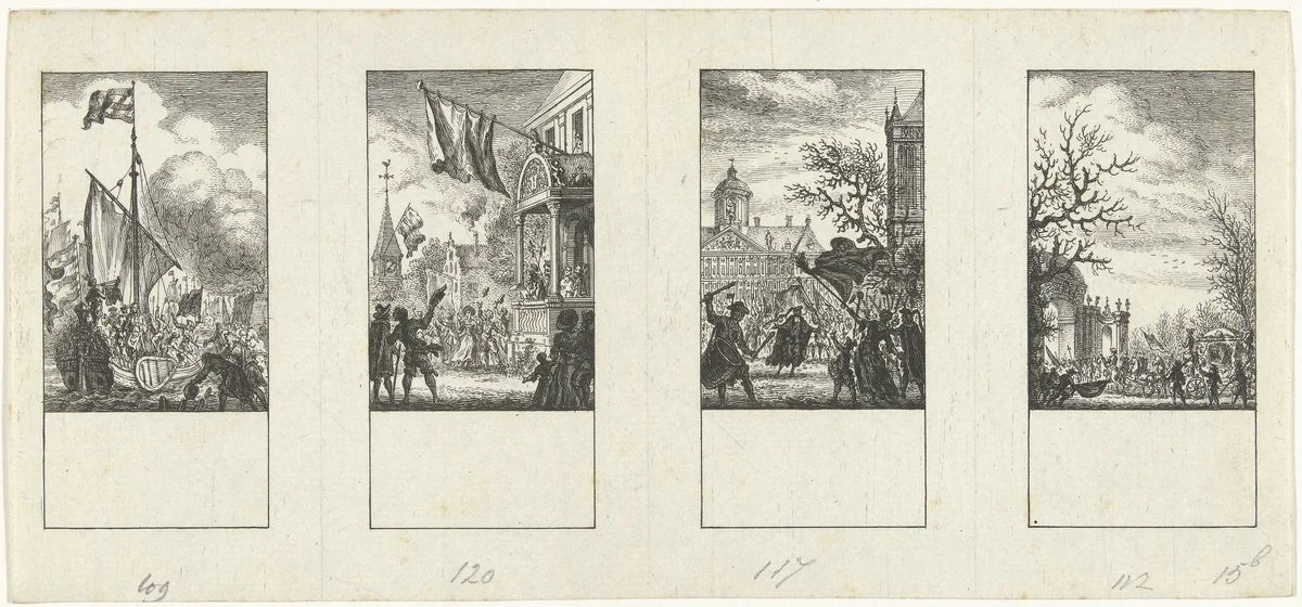 Vier episodes uit de vaderlandse geschiedenis by Simon Fokke, print, 1722-1784