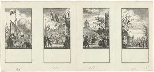 Vier episodes uit de vaderlandse geschiedenis by Simon Fokke, print, 1722-1784