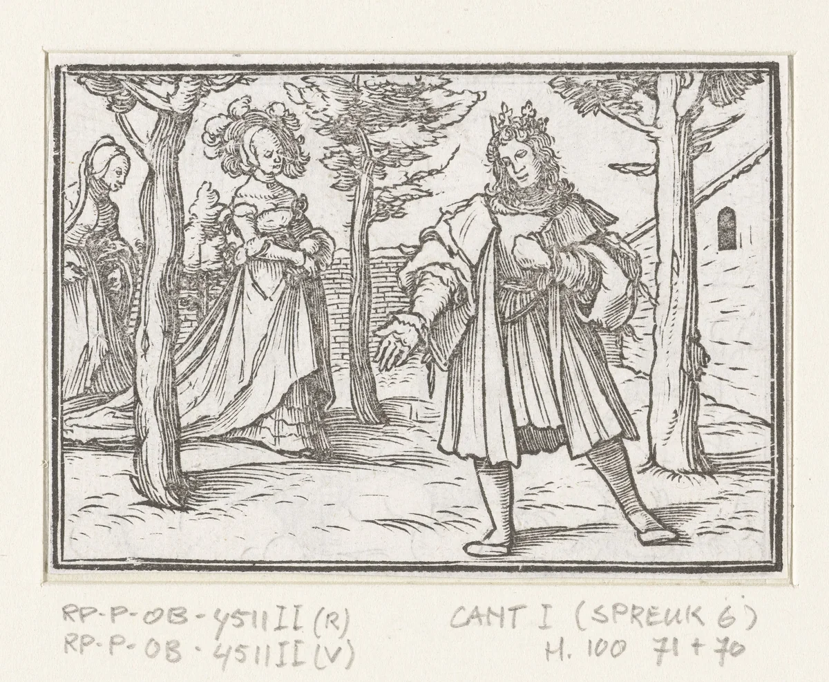 Man wordt verleid door lichtzinnige vrouw by Hans Holbein, print, 1538