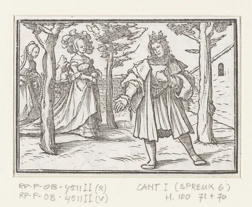 Man wordt verleid door lichtzinnige vrouw by Hans Holbein, print, 1538