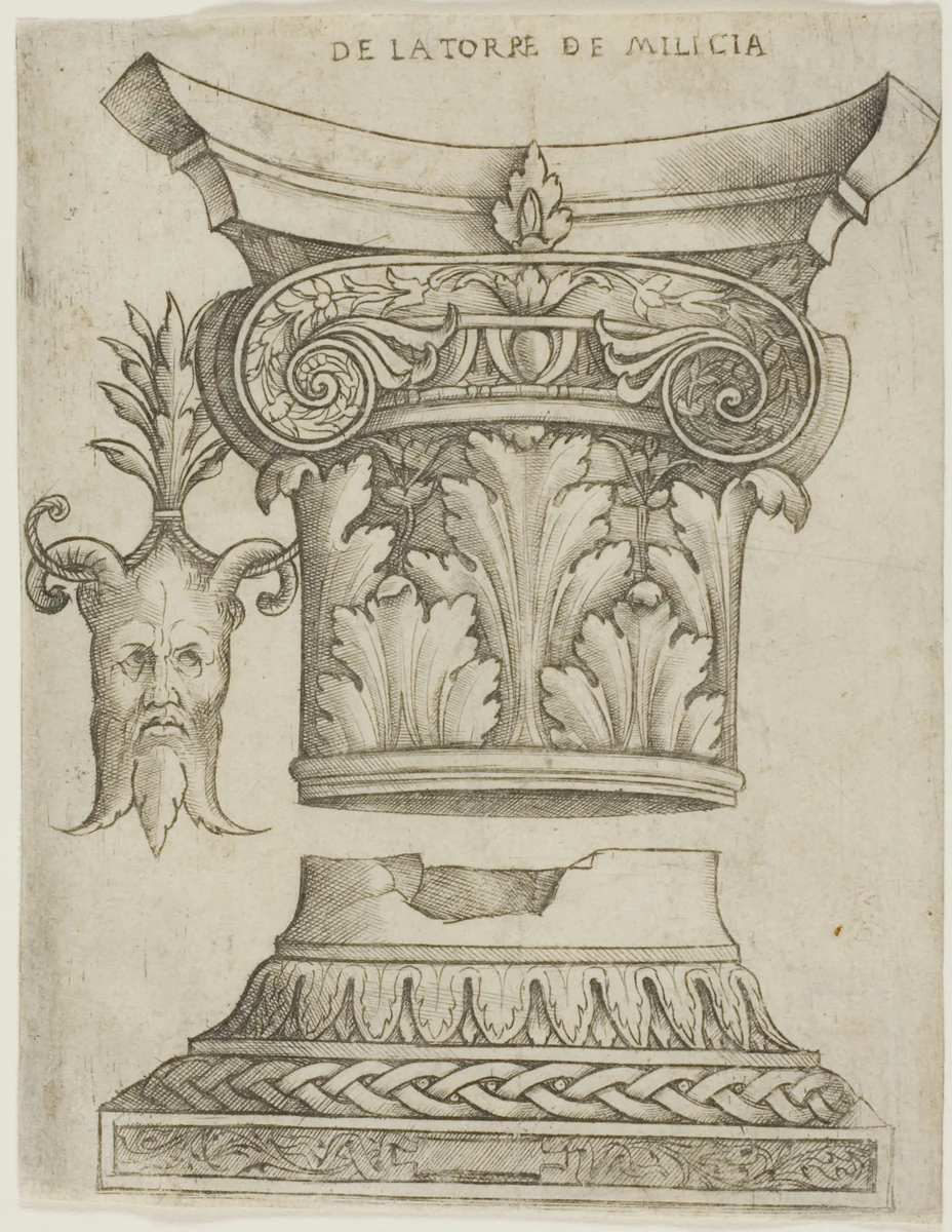 Architectural Details: Base, Capital, and Mask by Giovanni Antonio da Brescia, print, 1510-1525