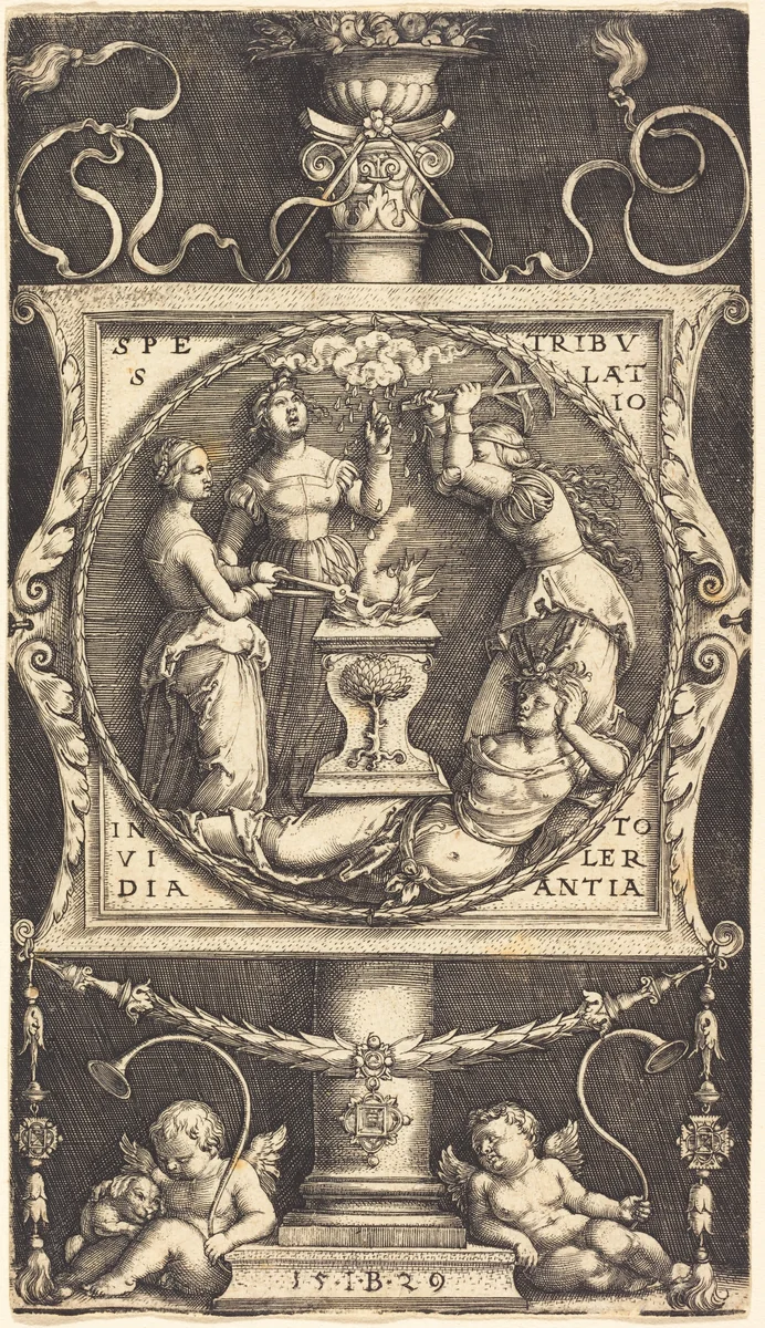 Emblem with Hope, Tribulation, Envy, and Tolerance by Master IB, print, 1529