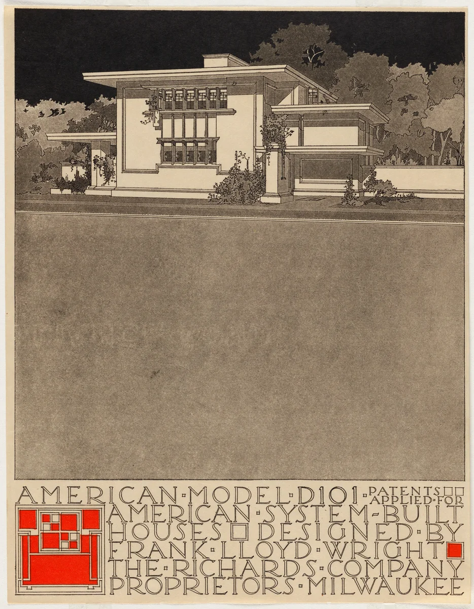 American System-Built Houses for The Richards Company project (Exterior perspective of model D101) by Frank Lloyd Wright, architecture, 1915