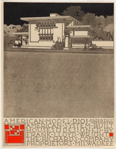 American System-Built Houses for The Richards Company project (Exterior perspective of model D101) by Frank Lloyd Wright, architecture, 1915