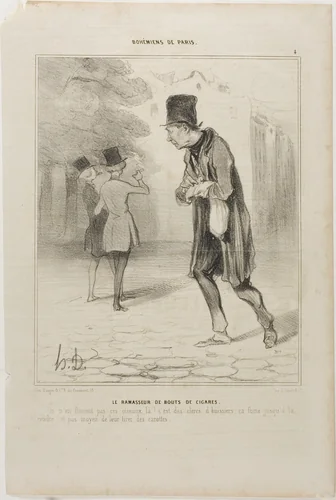 The Collector of Cigar Stubs. “When will these buggers finally have finished smoking! They're bailiff's clerks; they smoke until the ashes are left. No way to squeeze a centime out of them,” plate 4 from Bohémiens De Paris by Honoré-Victorin Daumier, print, 1841