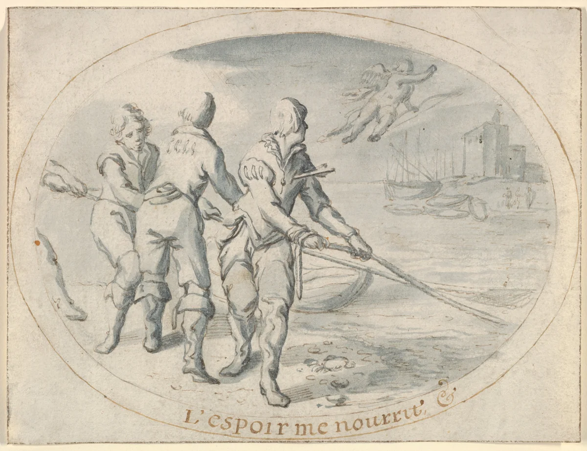 Emblem Drawing ("Hope sustains me") by Jacob Matham, drawing, 1591-1631