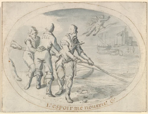 Emblem Drawing ("Hope sustains me") by Jacob Matham, drawing, 1591-1631