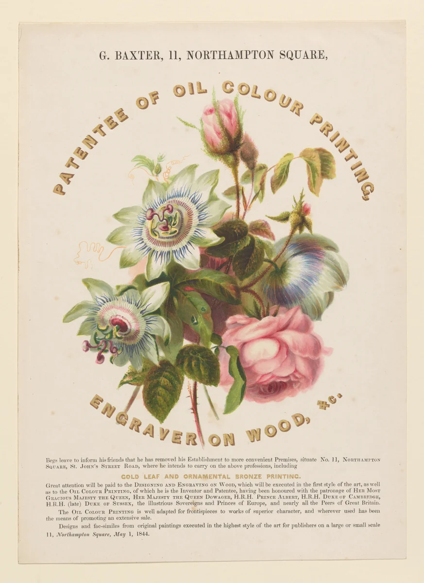 Advertisement: George Baxter, 11 Northampton Square, Patentee of Oil Colour Printing, Engraver on Wood, etc. by George Baxter, print, 1844